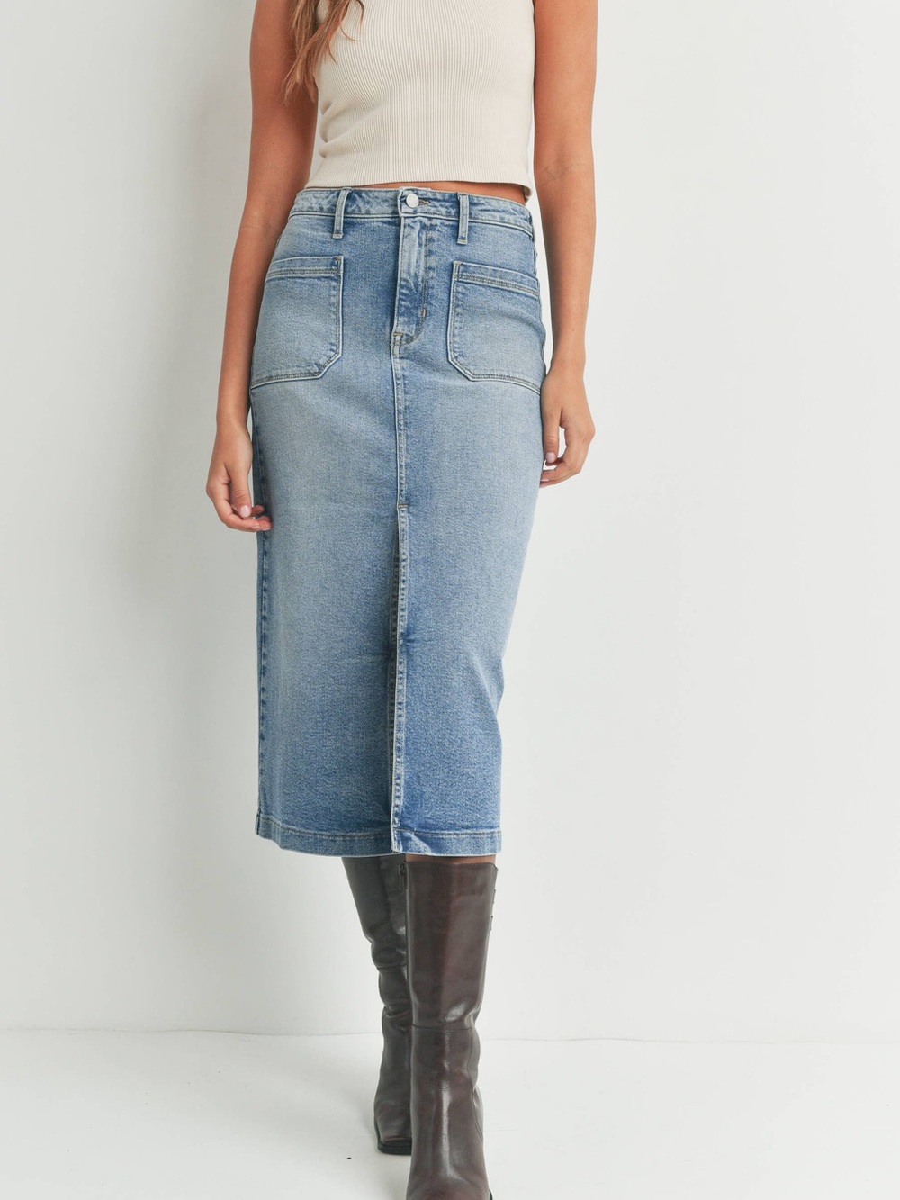 Mid Wash Denim Midi Skirt with Front Slit - Blue - Picture 2 of 11